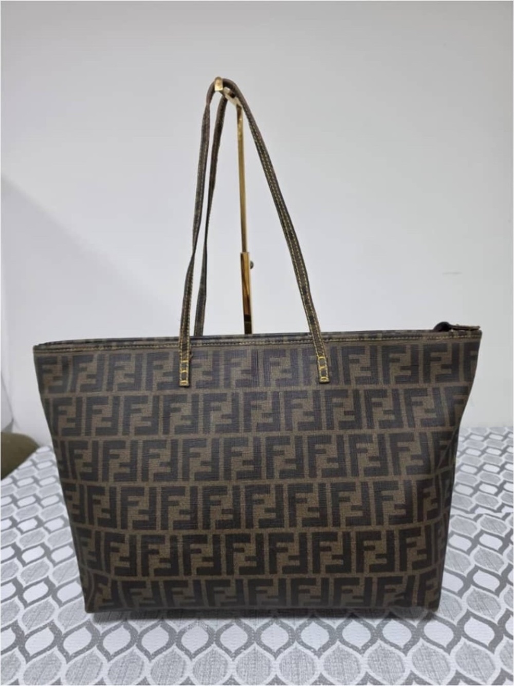 Authentic FENDI Zucca Spalmati Small Roll Tote Brown/Yellow